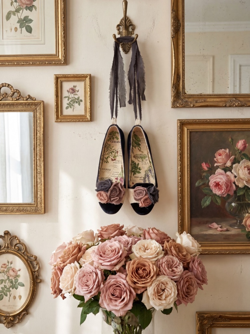 “Clochard de Luxe” Blue velvet Ballet Flats with Brown Floral Rosettes